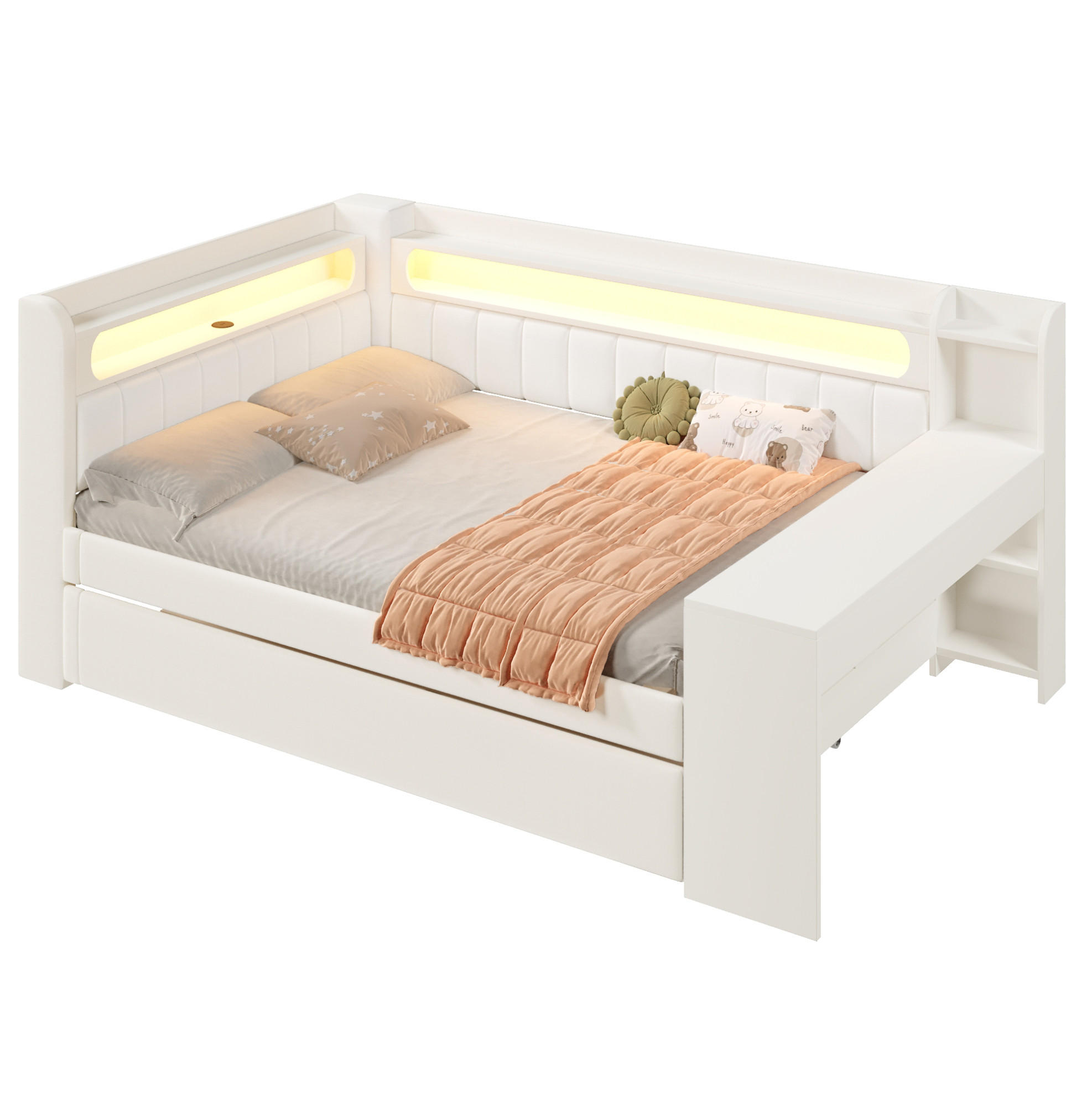 Modfu ČALOUNĚNÁ postel z MDF a překližky 140x200 cm bílá s výsuvným lůžkem, LED osvětlením, USB a psacím stolem