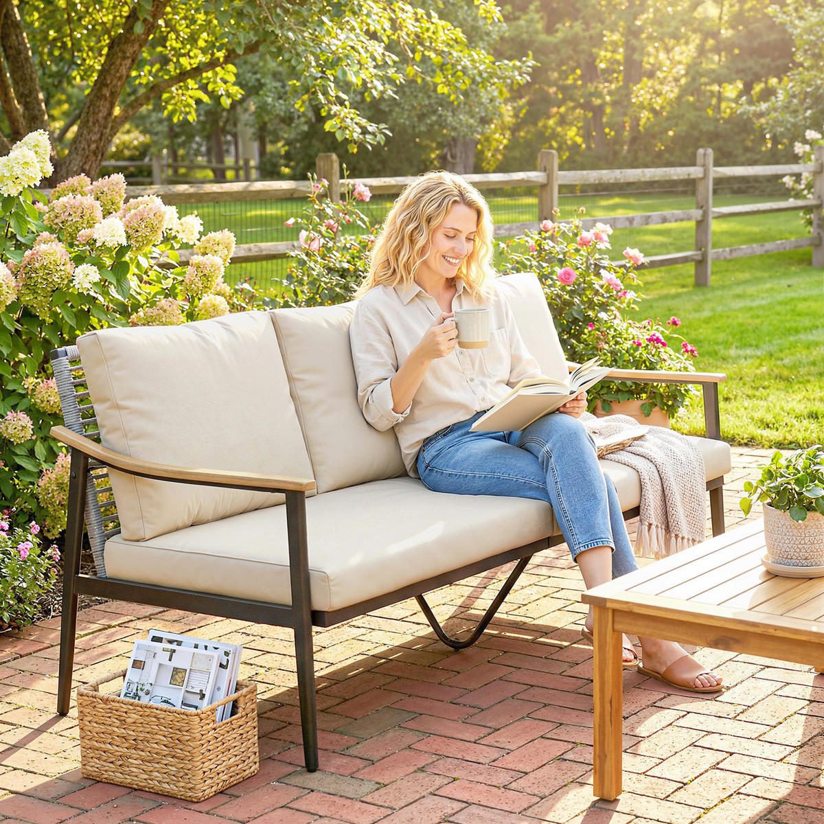 GARTENSOFA 3-Sitzer DE-06775 mit abnehmbaren Kissen Khaki - Taupe, Kunststoff/Metall (75/78/176cm) - ComfortXL