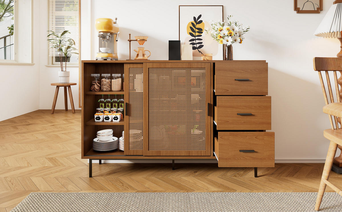 SIDEBOARD mit 2 Schiebetüren aus Rattan und 3 Schubladen, Natur, Spanplatte, 140/37/91 cm, Natur - Naturfarben, Holzwerkstoff (140/91/37cm) - Redom