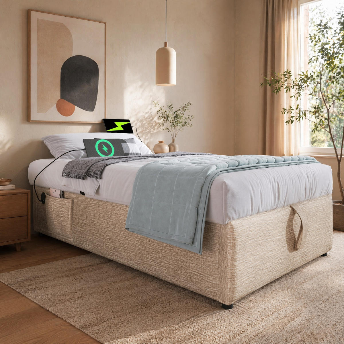 POLSTERBETT 90/190 mit Bettkasten, USB/Type-C und Vollholz-Lattenrost ohne Kopfteil in Natur - Naturfarben, Holzwerkstoff/Textil (90/190cm) - EVRYAE