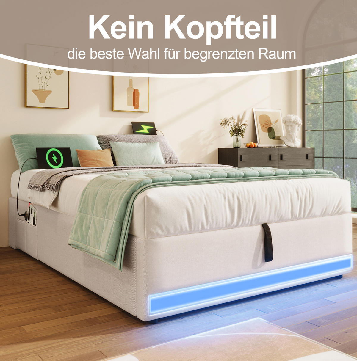POLSTERBETT 90/200 cm mit LED-Leiste, USB, Typ-C, hydraulischem Bettkasten und Seitentaschen, Beige - Beige, Textil (90/200cm) - Redom
