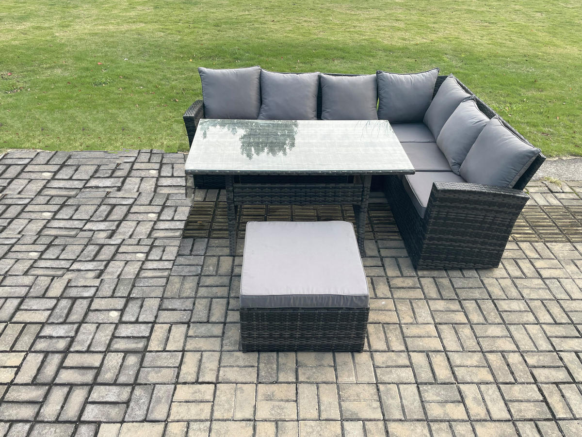 LOUNGEGARNITUR mit Esstisch Sofa Polyrattan Dunkelgrau 7-Sitzer - Dunkelgrau/Grau, Glas/Kunststoff - Fimous