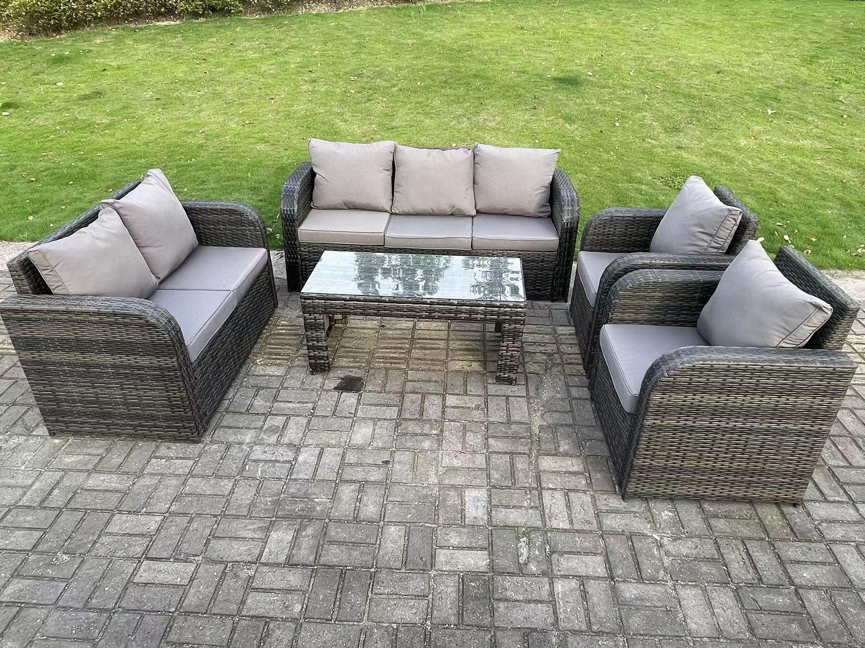 LOUNGESOFA Polyrattan 7-Sitzer - Dunkelgrau/Grau, Glas/Kunststoff - Fimous