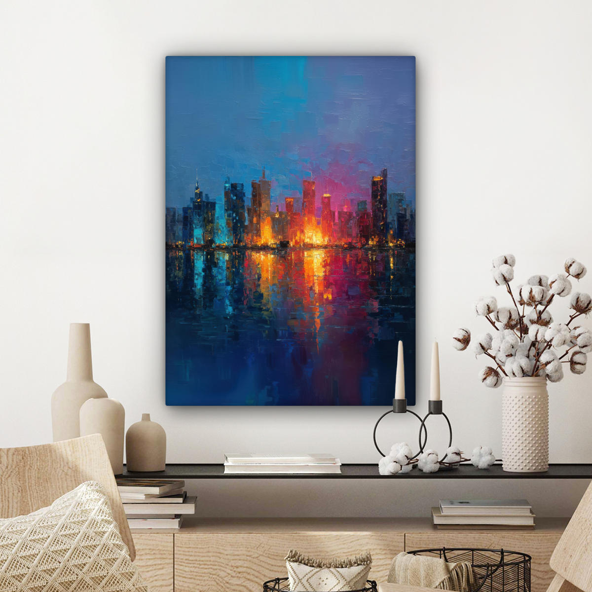 LEINWANDBILD Skyline - Pinselstriche - Dunkelblau - Leuchtend Wandbild Wohnzimmer 60x80 cm - Blau, Textil (60/80cm) - MuchoWow