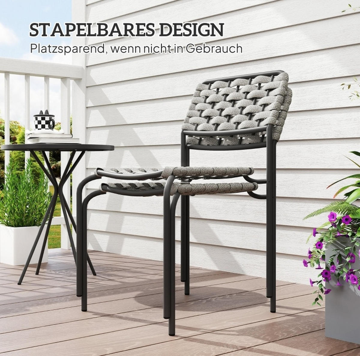 BALKONSET Gartenmöbel-Set 46/60/80 cm aus Stahl mit 2 stapelbaren Stühlen und Rundtisch Grau - Grau, Metall