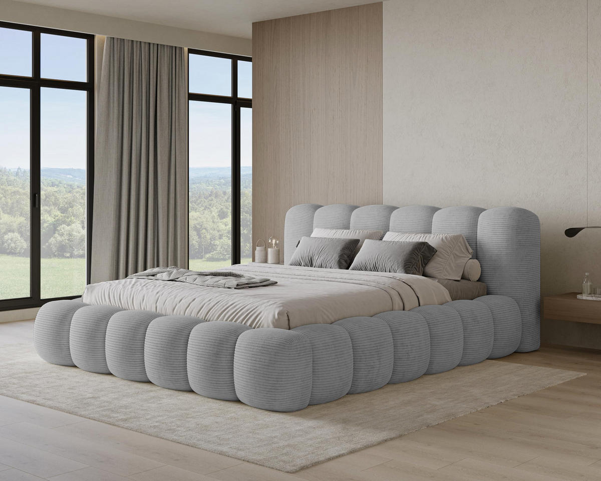 POLSTERBETT 140x200 mit Bettkasten, Lattenrost und Kopfteil, Poso Cord-Stoffbezug Grau - Grau, Holz (140/200cm) - Chilly