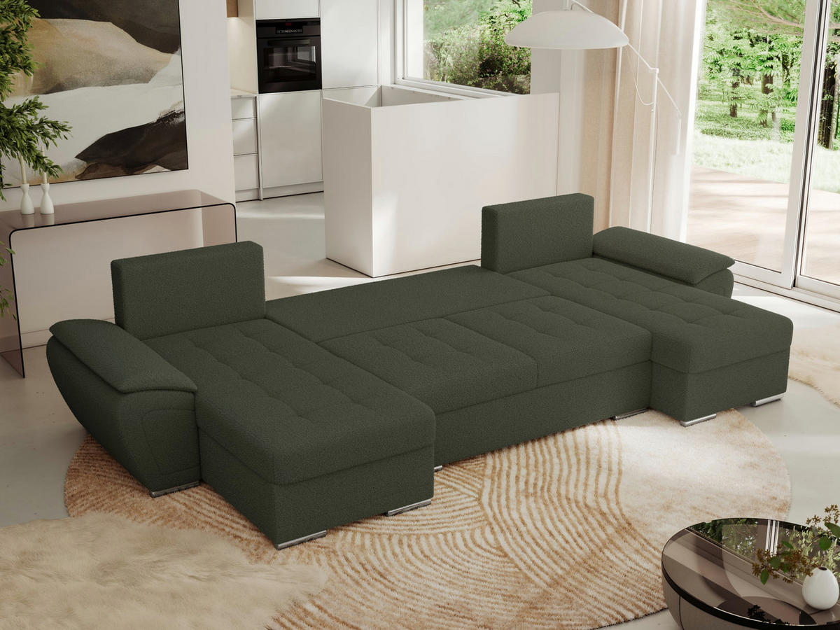 WOHNLANDSCHAFT UMBRIA U Grün Boucle - Grau/Grün, Textil/Metall (336/85/157cm) - MKS