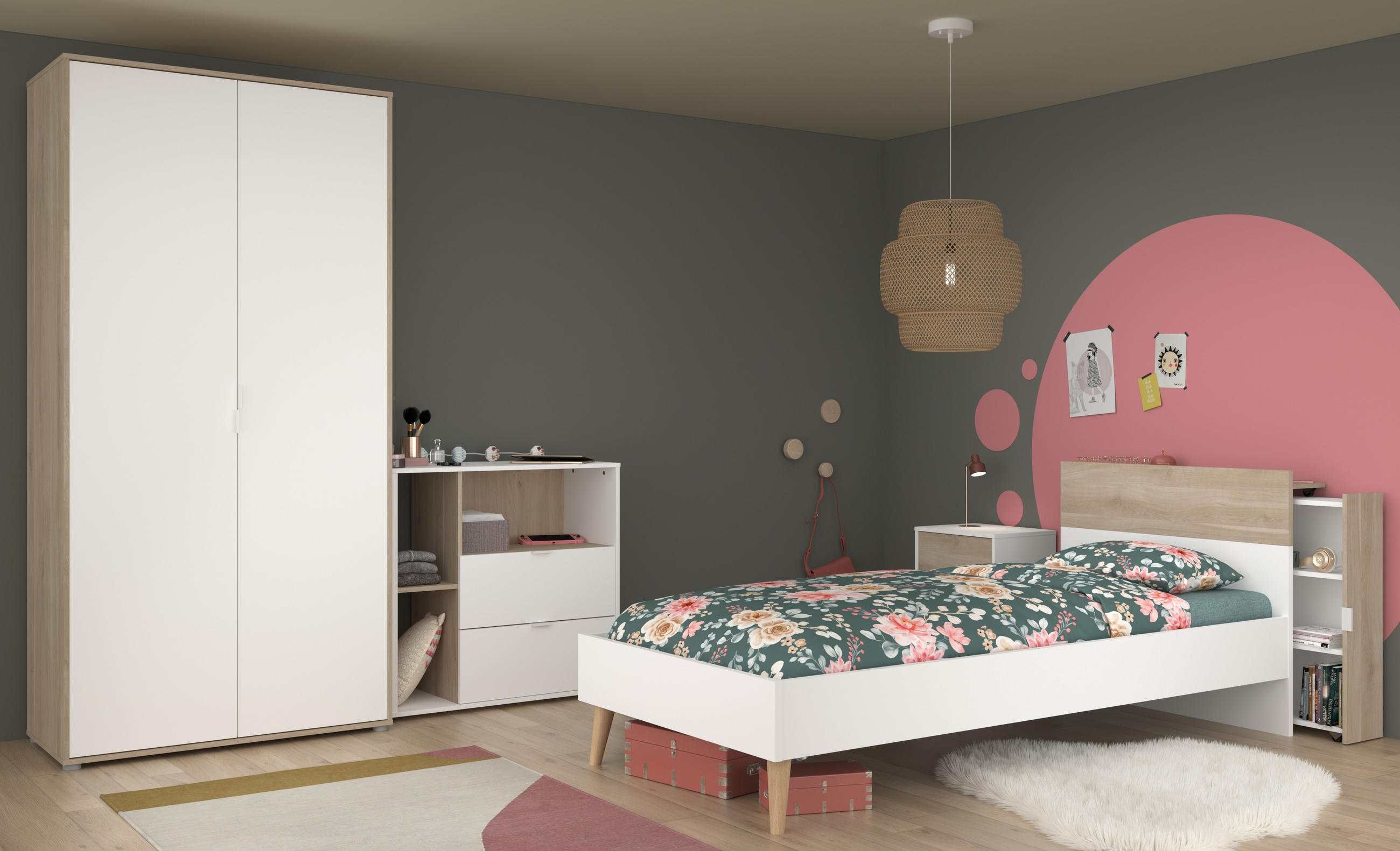 JUGENDZIMMER Aalborg 2 in Weiß und Japanischer Eiche 5 teilig - Weiß, Holzwerkstoff (120/200/80cm)