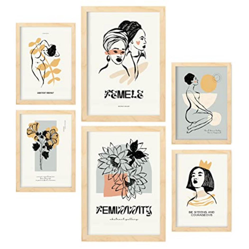 POSTER Set Mit 6 In Schwarzer Tinte Weiblichkeit Kunstdrucke Im Skizzenstil Für Innenarchitektur A3 & A4 Rahmen Aus Hellem Holz - Beige, Papier (29/3cm) - Nacnic