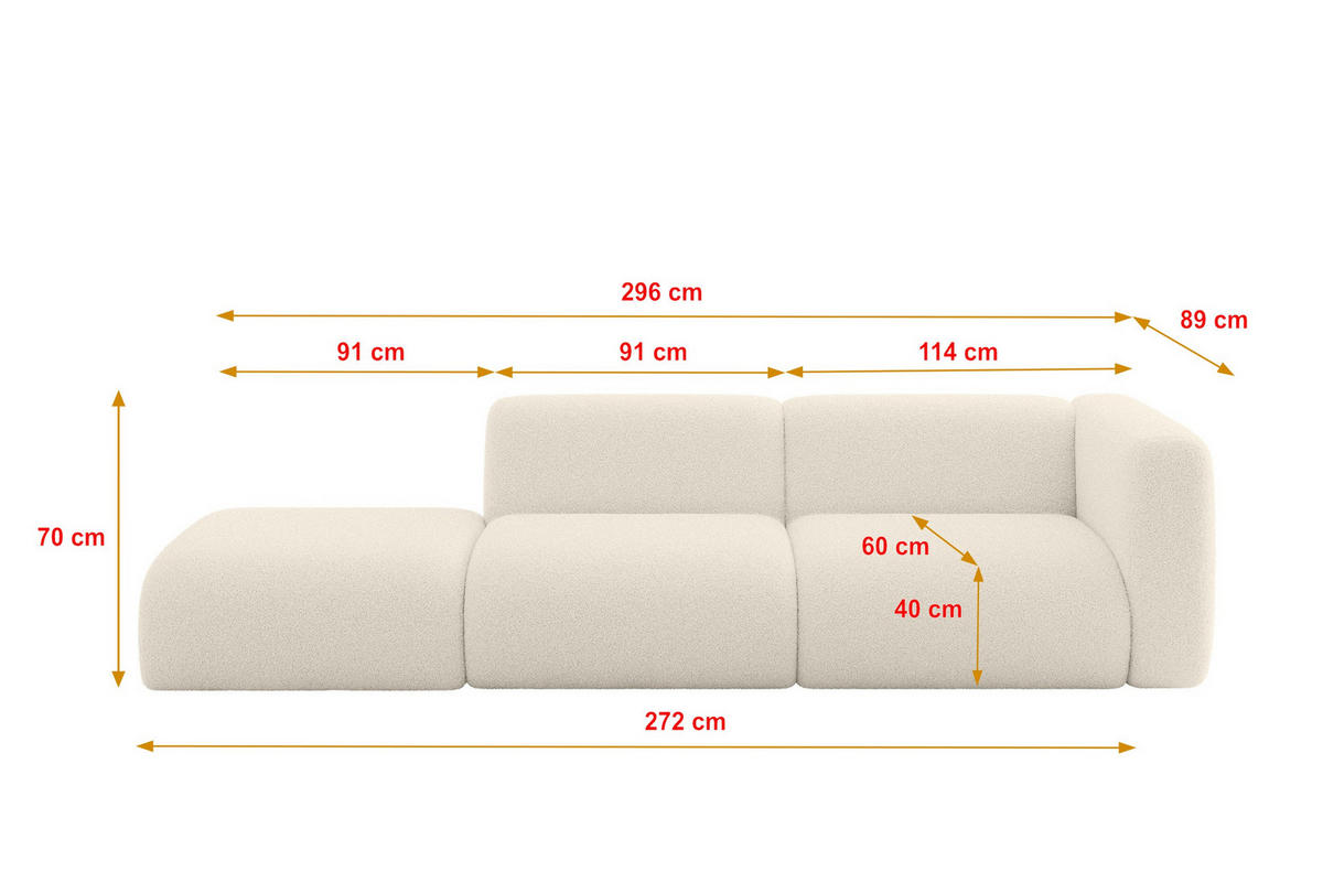 SOFA Ottomane Rechts MIRA-S3 296x89x70 Beige Bouclé - Kaschmir/Beige, Holzwerkstoff/Kunststoff (296/70/89cm) - ALTDECOR