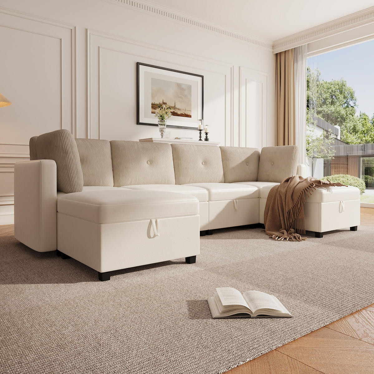 WOHNLANDSCHAFT Samt und Cord Beige mit Stauraum - Beige, Holzwerkstoff/Kunststoff (261/85/132.5cm) - WISHDOR