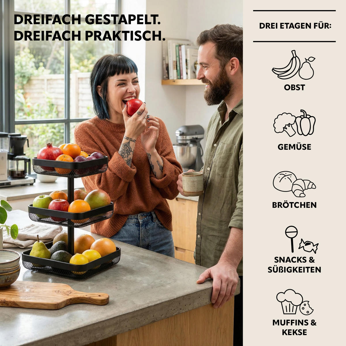 OBSTETAGERE eckig, 3-stöckig, 20 x 20 cm, 25 x 25 cm und 30 x 30 cm, schwarz, Metall - Schwarz, Metall (30/42cm) - eluno