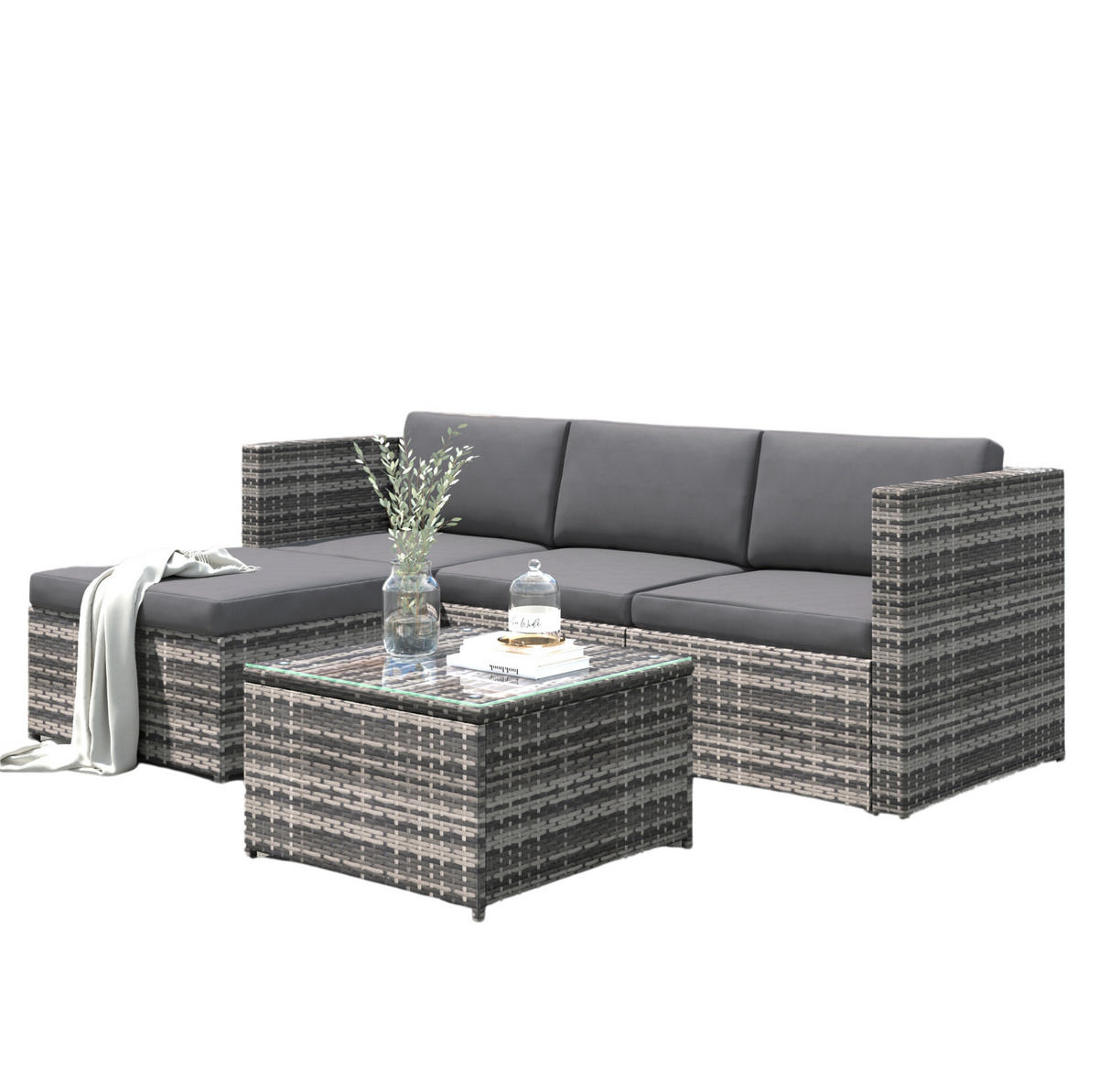 GARTENLOUNGE 196/136/67 cm grau aus Polyrattan und Stahl mit Kissen und Glastisch - Grau, Metall - OKWISH