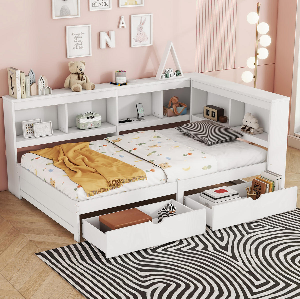 POLSTERBETT aus Spanplatte und MDF 90x200 cm Weiß mit 2 Schubladen, Steckdose, 2 USB-Anschlüssen und Ablagefächern - Weiß, Holzwerkstoff (90/200cm) - Modfu