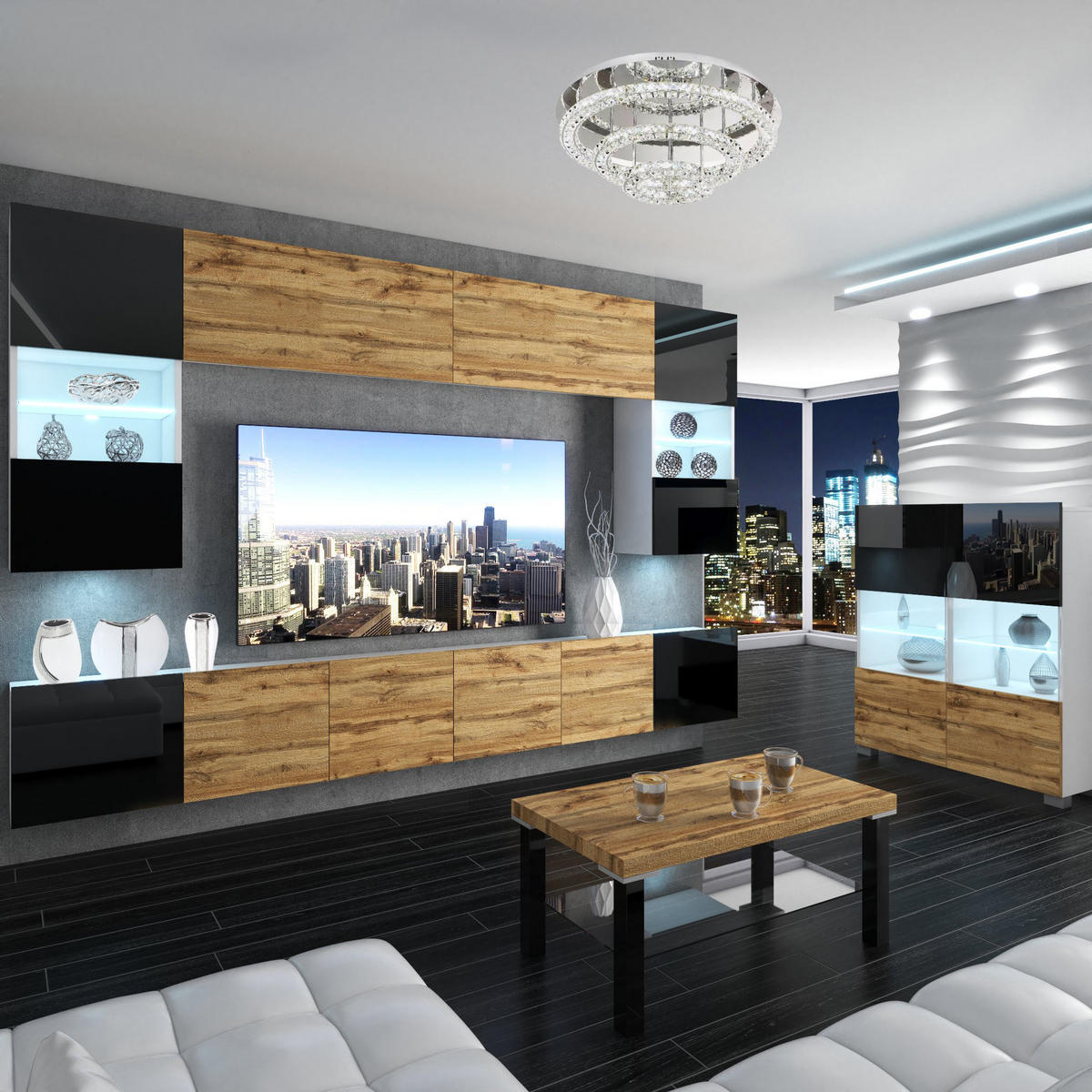 WOHNZIMMERWAND Schrankwand mit LED Schwarz / Wotan Eiche Top - Eichefarben/Schwarz, Holz (300/180/36cm) - B BELINI GROUP