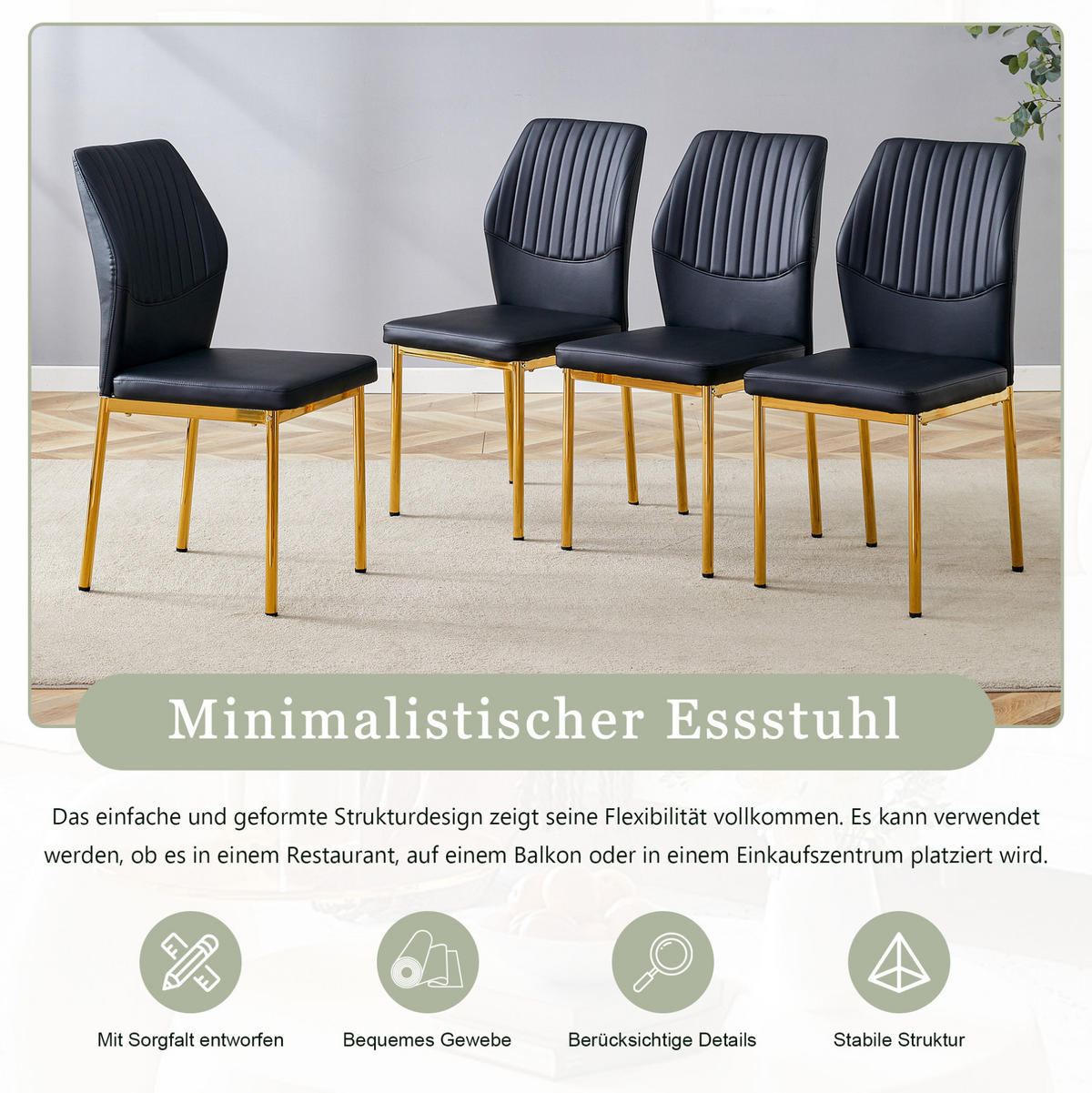 ESSZIMMERSTUHL 4er-Set PU Schwarz-Gold mit Metallbeinen - Goldfarben, Metall (42.6/93/43cm) - Meubliv
