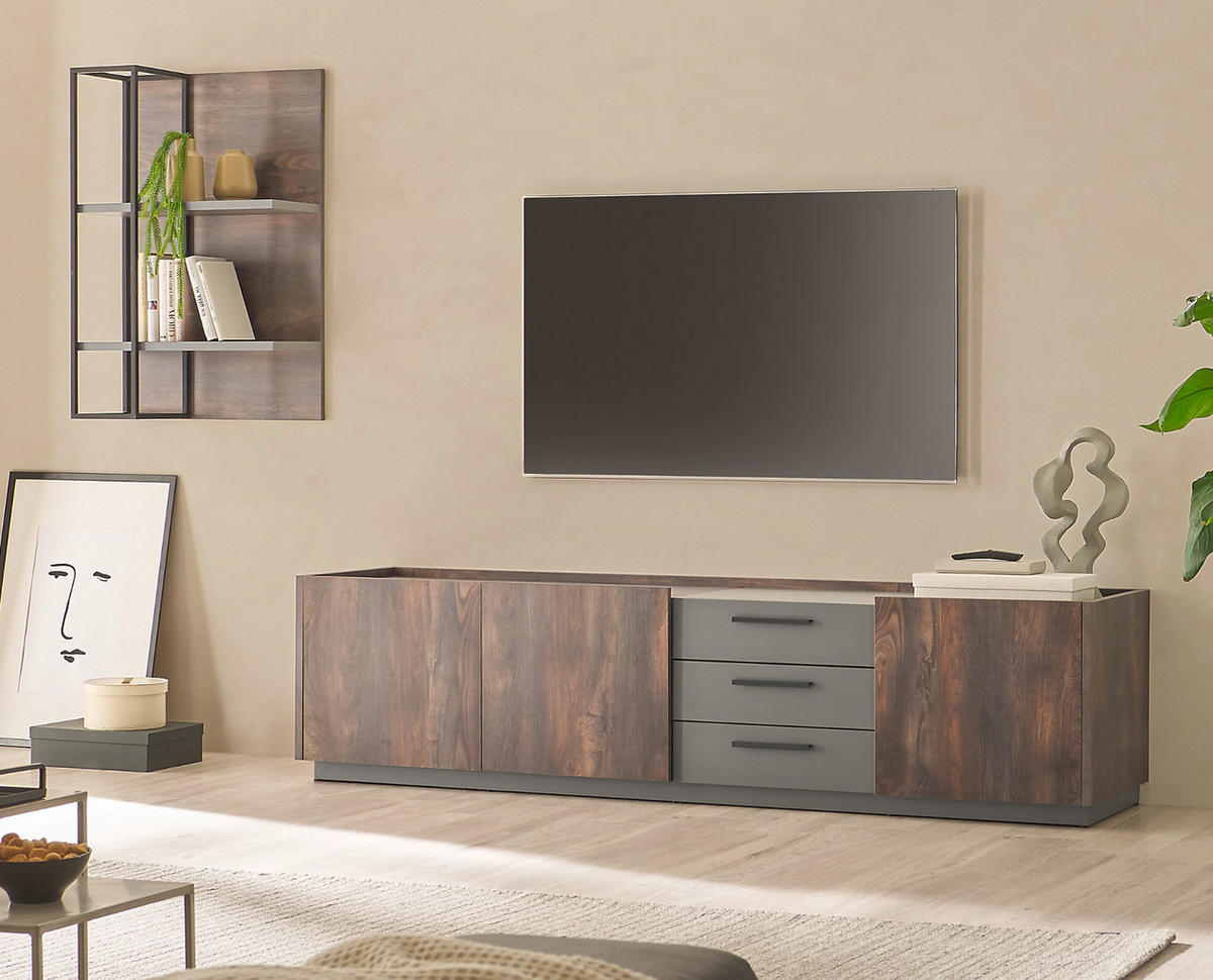 WOHNWAND Thermo Eiche, grau, Wohnkombination 3-teilig mit Soft-Close 300 x 200 cm - Eichefarben/Grau, Holzwerkstoff/Metall (300/200/45cm) - Furn.Design