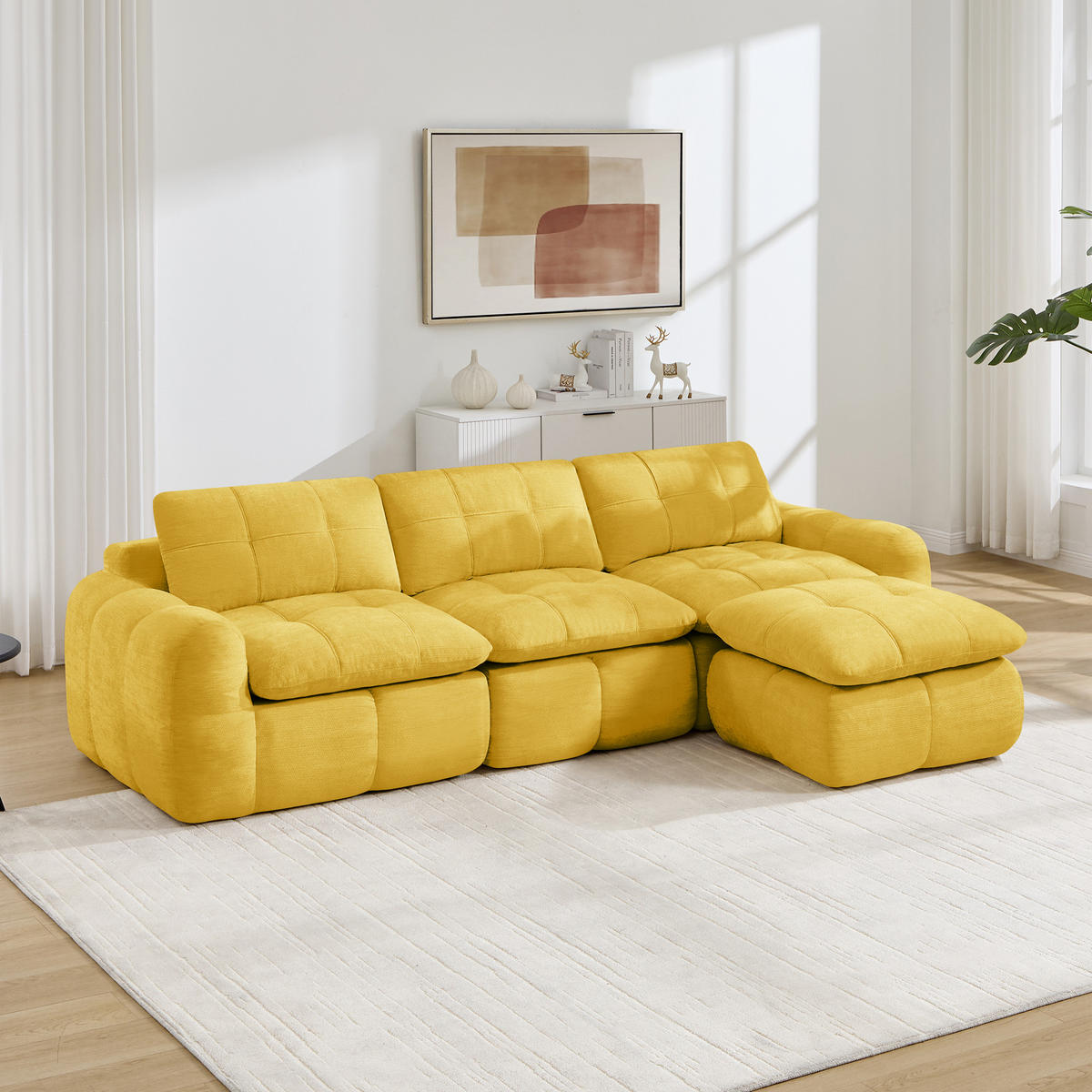 ECKSOFA DE-34464 L-Form mit Ottoman und Chenille-Bezug Gelb - Gelb, Textil (160/264cm) - ComfortXL