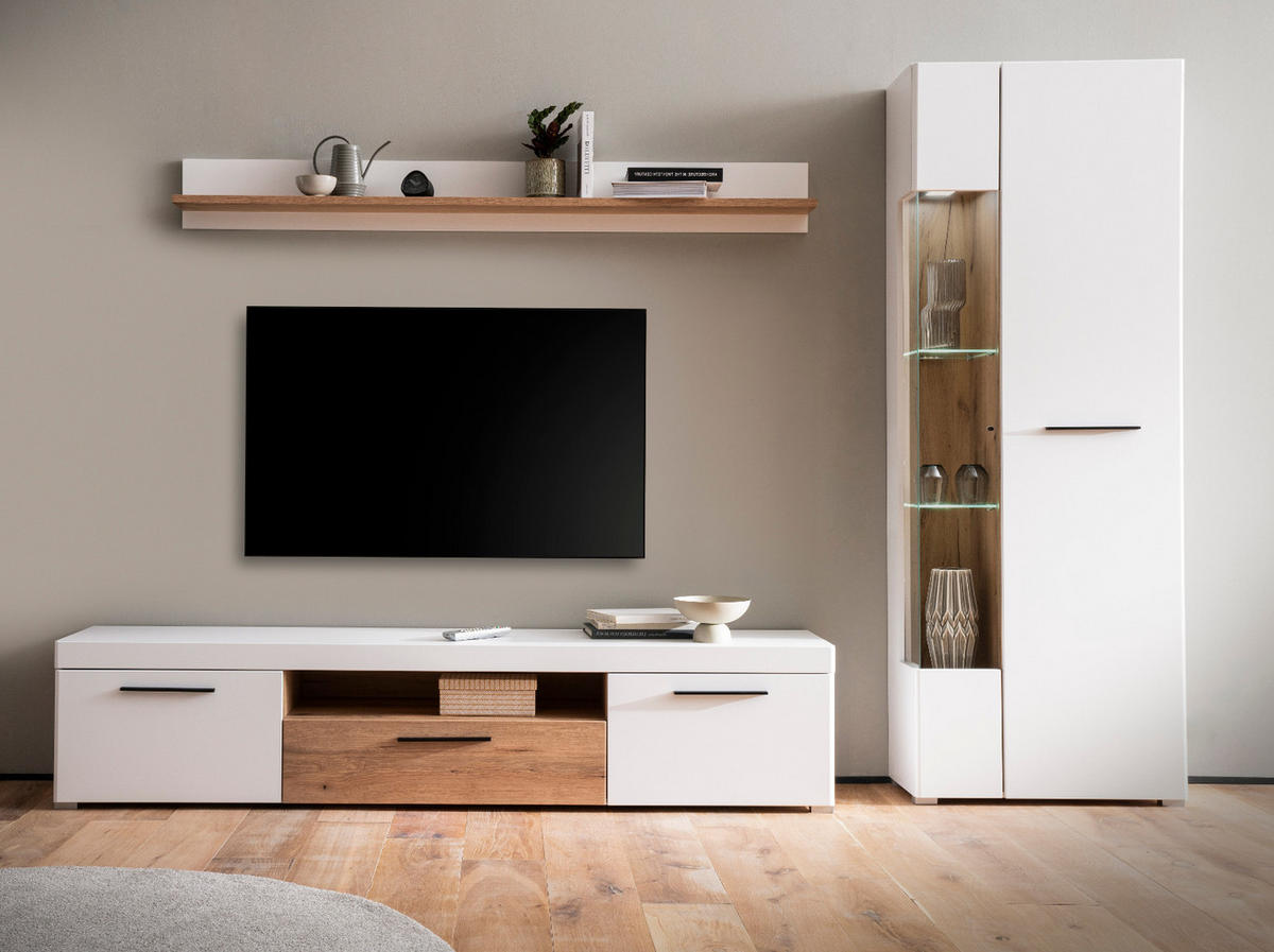 WOHNWAND weiß matt, Evoke Eiche, Wohnkombination 3-teilig, Soft-Close-Funktion - Eichefarben/Silberfarben, Glas/Holz (287/200/45cm) - Furn.Design