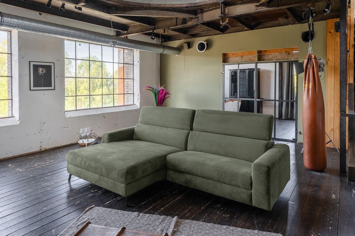 ECKSOFA LAISKA Grün Cord - Schwarz/Olivgrün, Textil/Metall (282/177cm) - KAWOLA