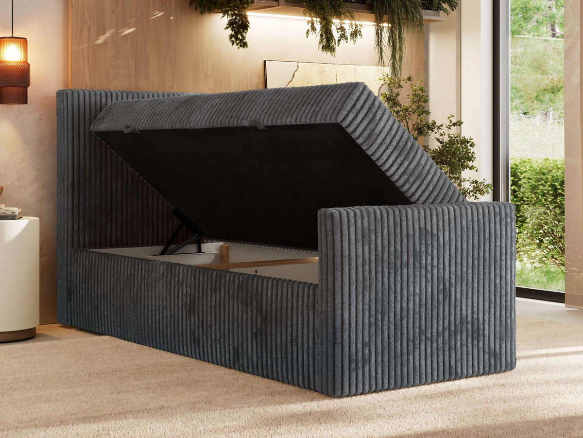 BOXBETT TILIANO DUO 90/200 - Grau Cord - H4 - Topper Visco - Links Seite - Grau, Textil (90/200cm) - MKS