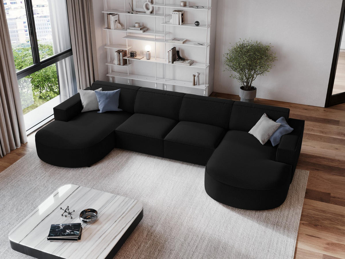 PANORAMASOFA Jodie aus strukturiertem Stoff schwarz 6 Sitzplätze - Schwarz, Textil (166/70/364cm) - Micadoni