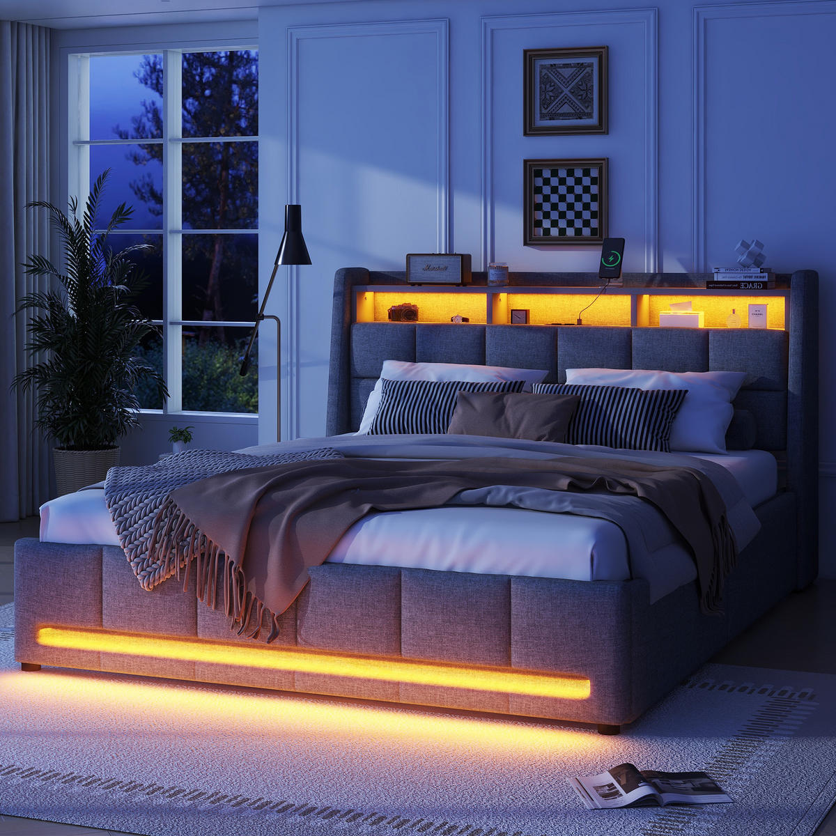 POLSTERBETT 140/200 cm grau mit LED und USB-Anschlüssen - Grau, Textil (140/200cm) - OKWISH