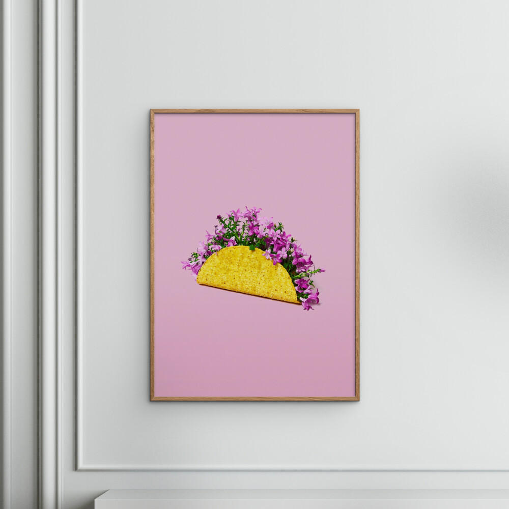 POSTER mit Rahmen Supermercat - Flower taco - Pink/Eichefarben, Holz/Papier (50/70cm) - Poster&Frame