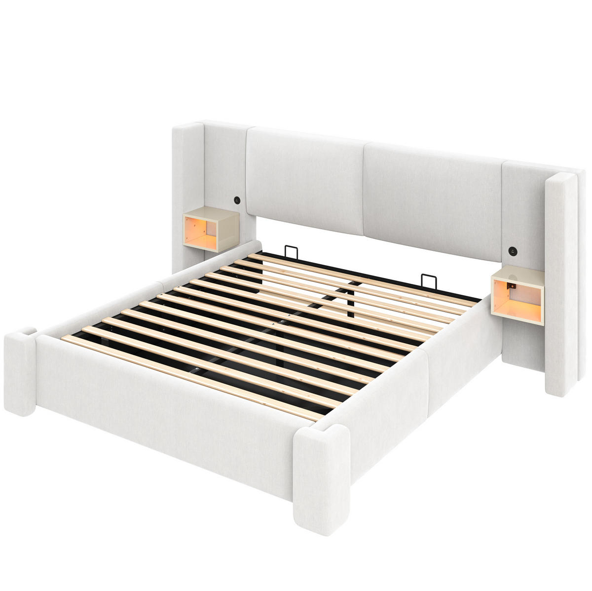 POLSTERBETT aus Leinen und MDF 180x200 cm Beige mit hydraulischem Bettkasten und LED-Nachttischen - Beige, Textil (180/200cm) - Modfu