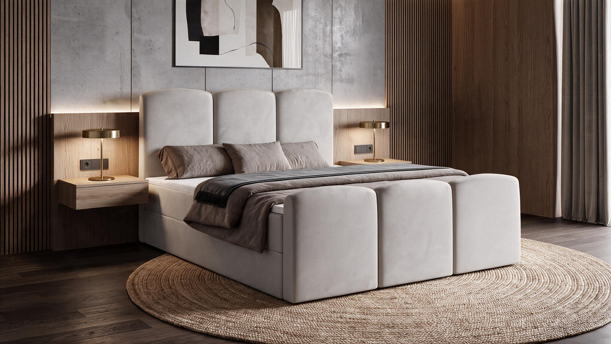 BOXBETT SAVIO 180x200 cm mit Bettkasten, Bonell-Matratze H3 und Topper – Samt Platinfarben - Platinfarben, Textil (180/200cm) - Luxkor24