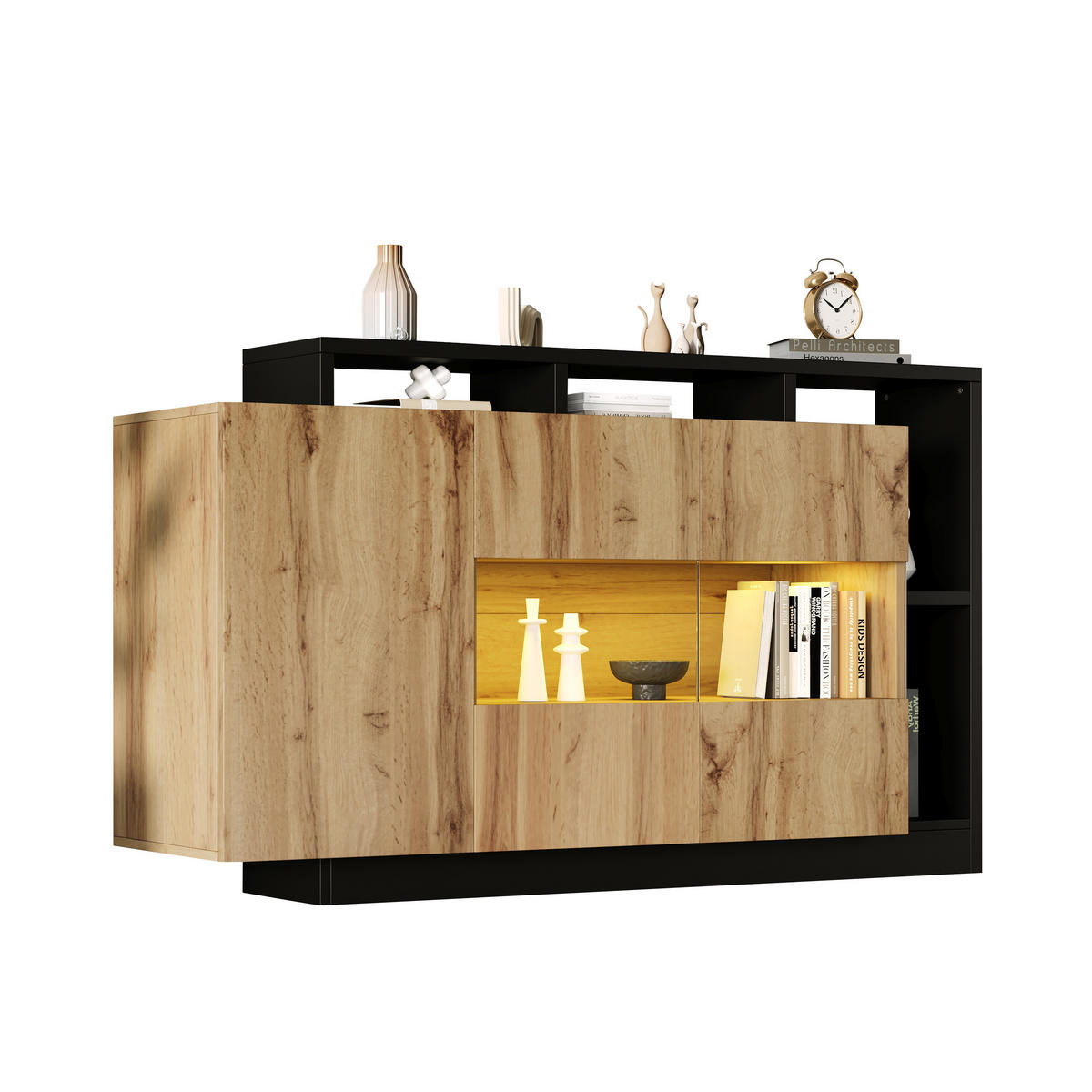 SIDEBOARD mit RGB-LED und Bluetooth, Holzoptik MDF, matte Oberfläche und schwarzem Metallrahmen, 140/44/93,5 cm,Naturfarben - Naturfarben, Holzwerkstoff (140/93.5/44cm) - Redom