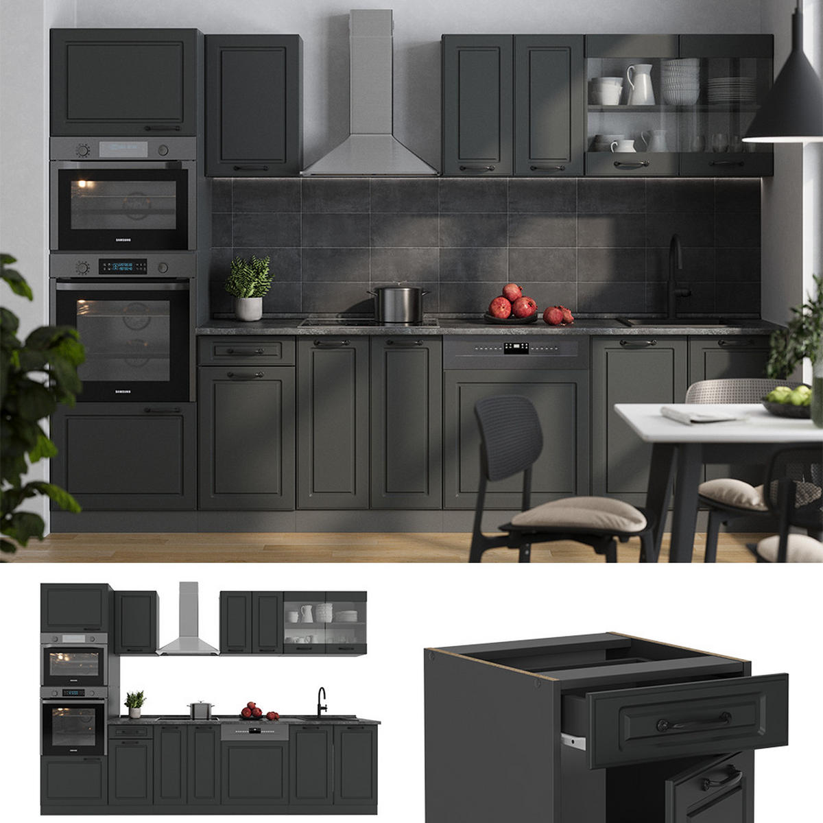 KÜCHENZEILE R-Line Anthrazit Landhaus/Anthrazit 300 cm mit Hochschrank, ohne Arbeitsplatte - Anthrazit, Holzwerkstoff (300/81.6/46cm) - Vicco