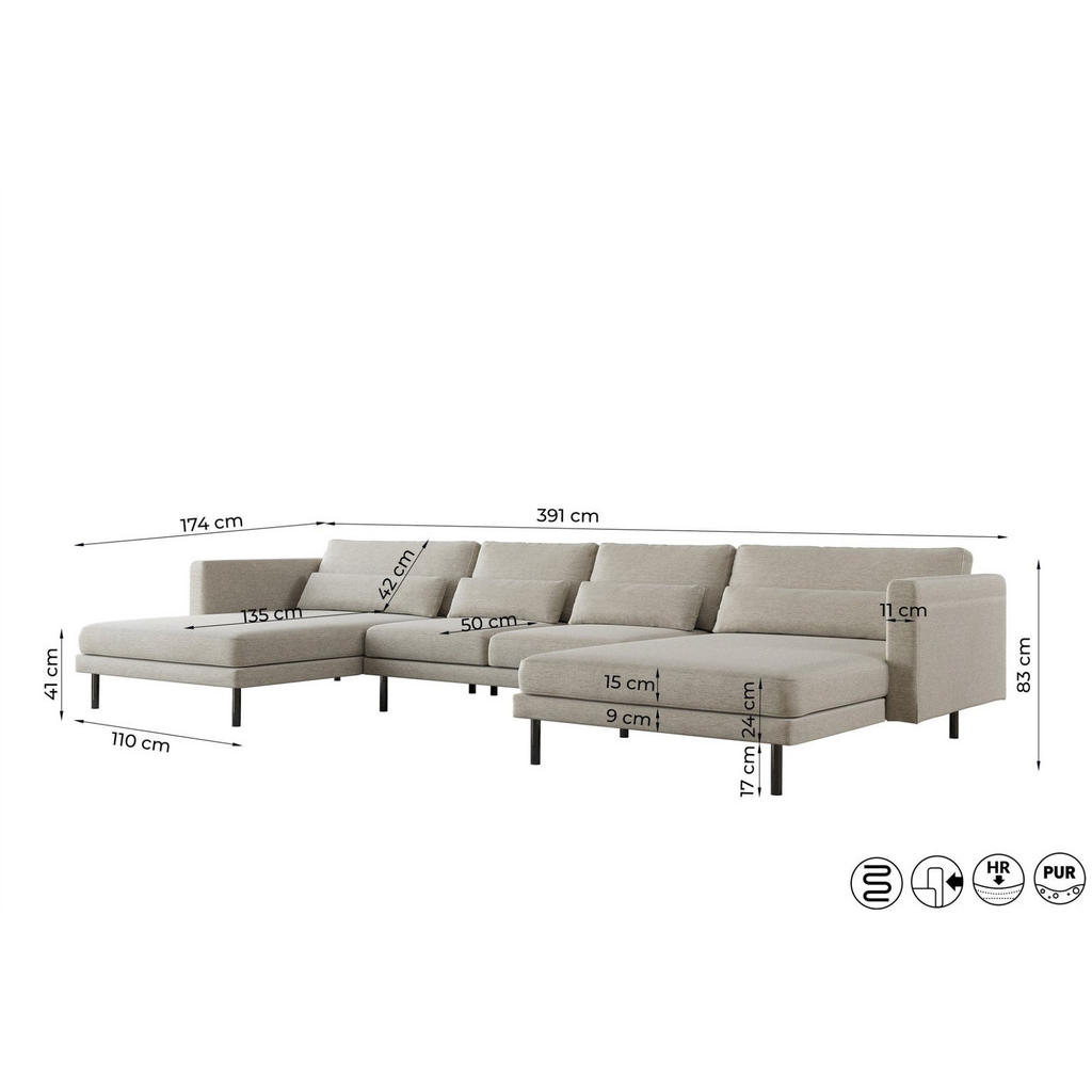 Thumbnail - Fun Möbel Wohnlandschaft, Creme, Textil, U-Form, 391x83x174 cm, Wohnzimmer, Sofas & Couches, Wohnlandschaften, Wohnlands...