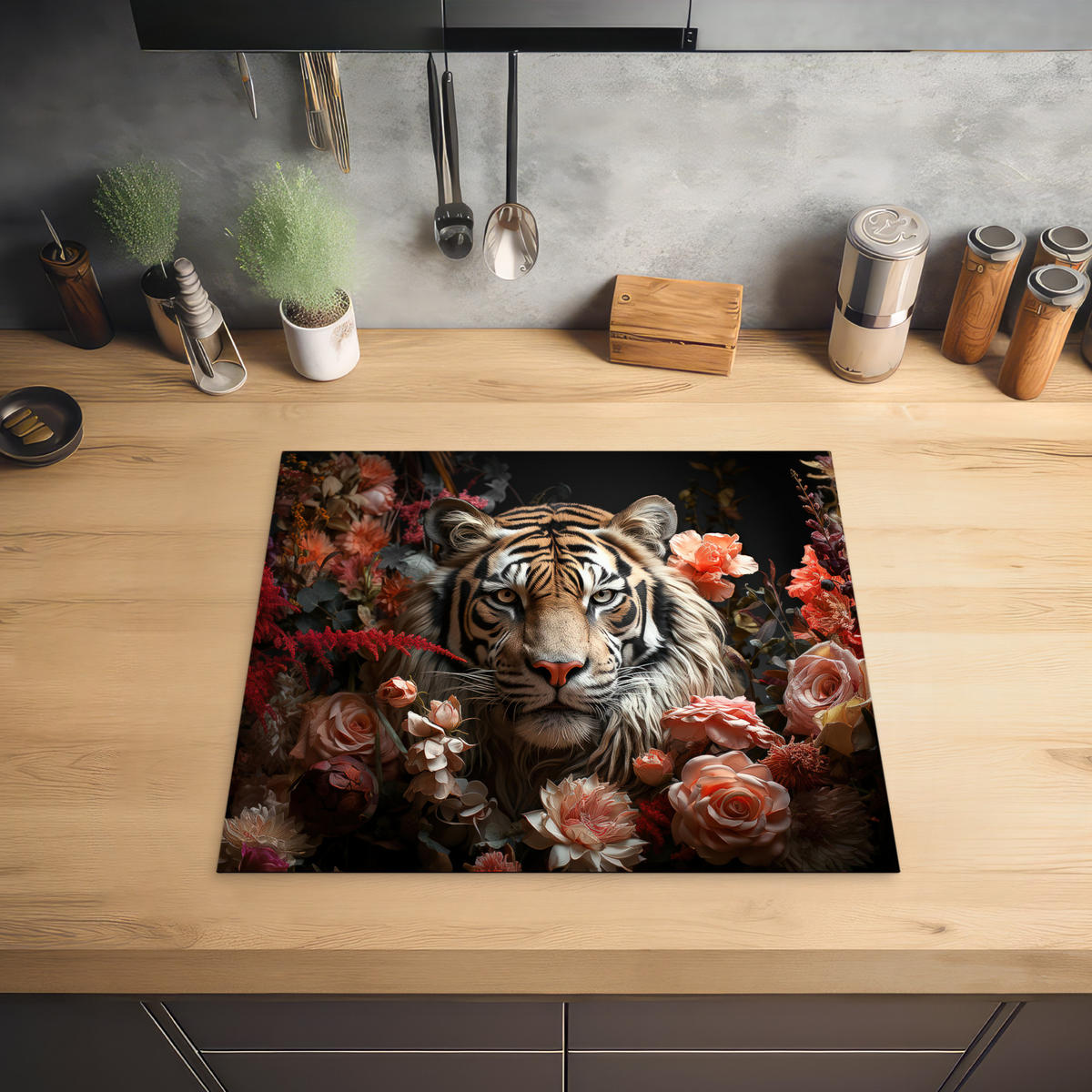 HERDABDECKPLATTE Tiger - Tier - Natur - Floral - Botanisch 59x51 cm - Orange, Kunststoff (59/0.2/51cm) - MuchoWow