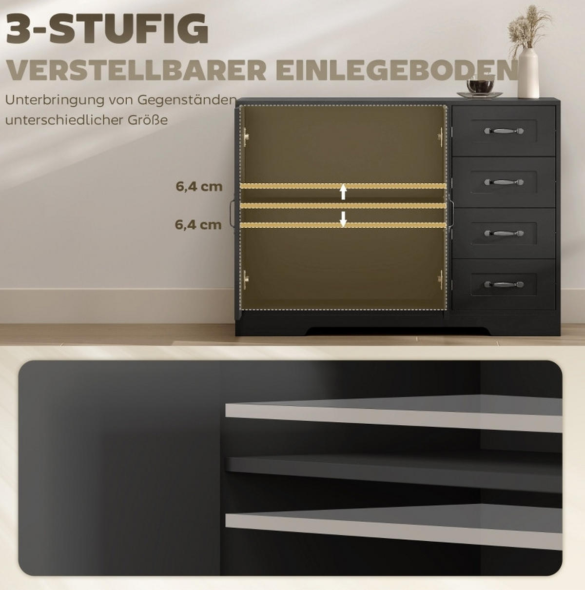 SIDEBOARD 105/40/76 cm in Schwarz mit 4 Schubladen und verstellbarem Einlegeboden - Schwarz, Holz (105/76/40cm) - Flora Grace
