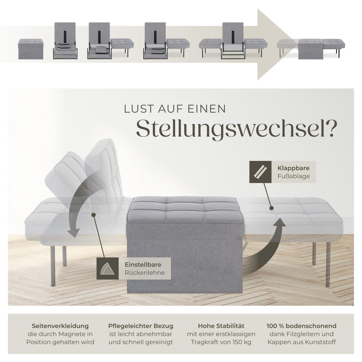 SCHLAFHOCKER Ponto,Belastbarkeit 150 kg ,grau - Grau, Textil (74/79/170cm) - tectake