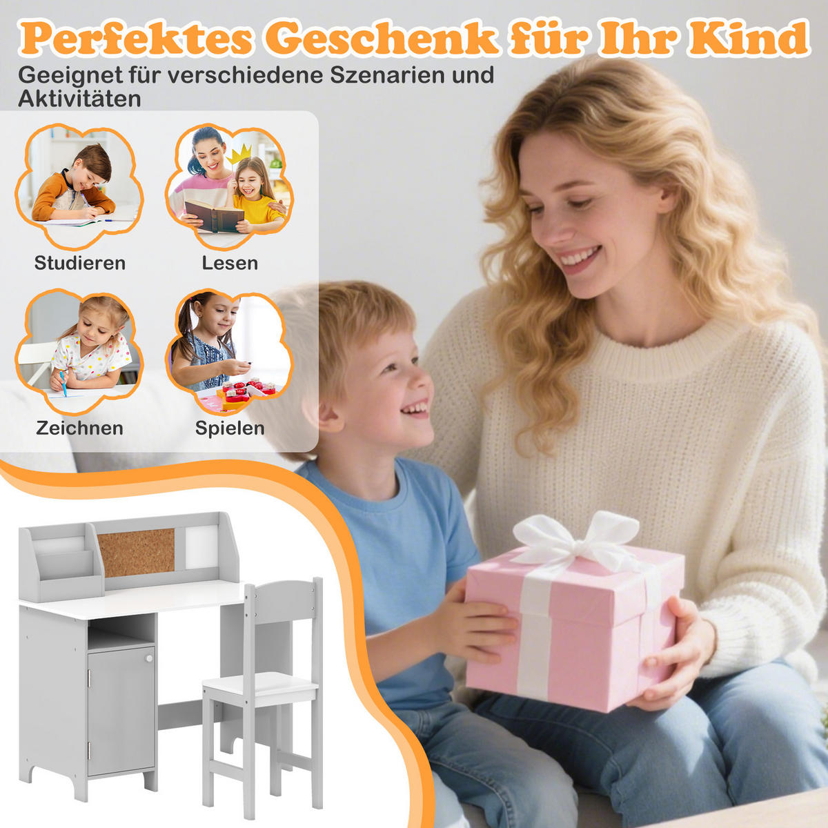 KINDERSCHREIBTISCH mit Stuhl grau(2-tlg) - Grau, Holzwerkstoff (90/85.5/45cm) - COSTWAY