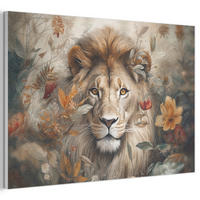 AKUSTIKBILD Löwe - Wildtiere - Pflanzen - Natur - Blumen Akustikpaneele 90x60 cm - Beige, Kunststoff (90/60/0.9cm) - MuchoWow