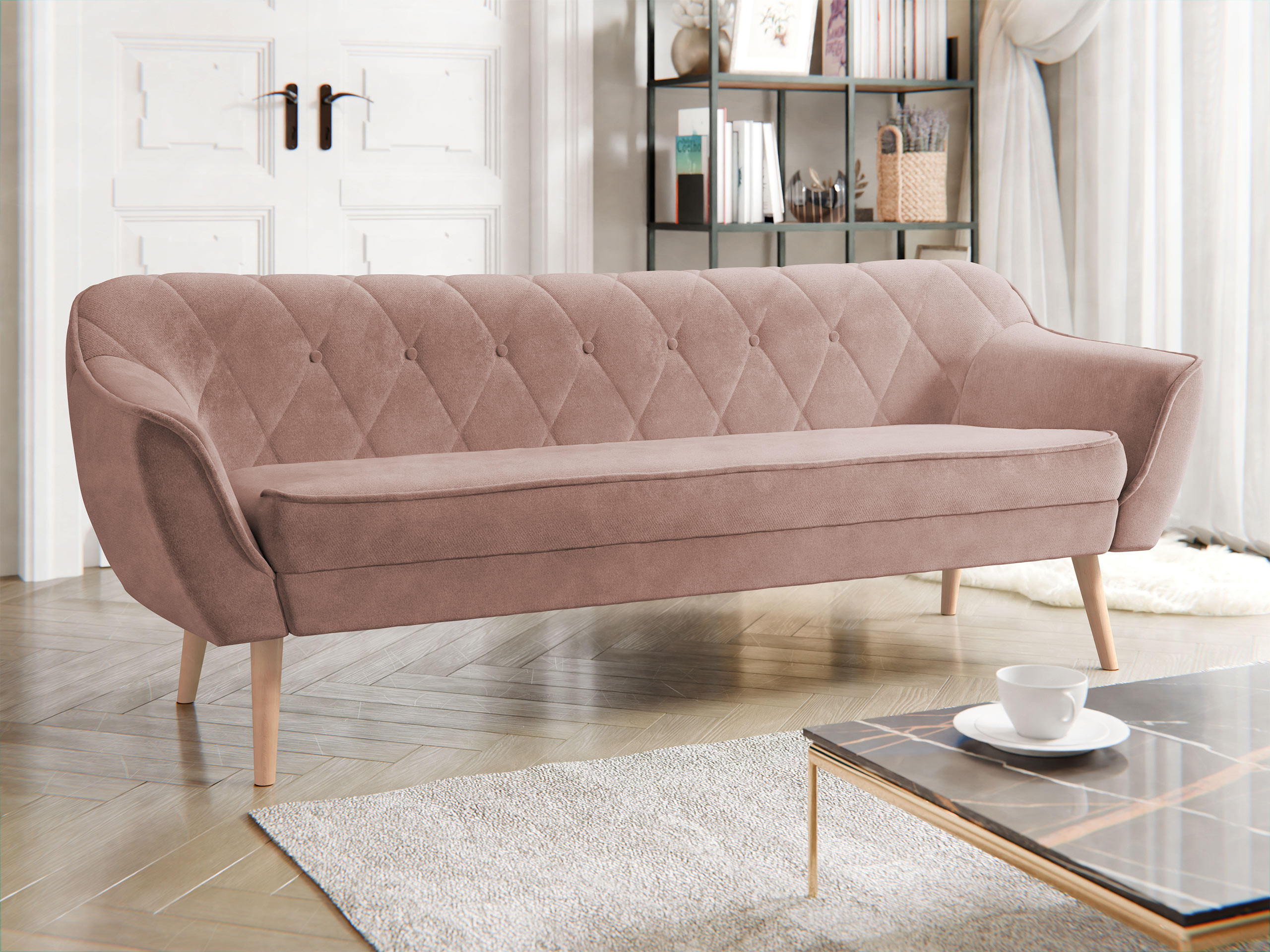 SOFA Skand 3 - Naturfarben/Rosa, Holz/Textil (180/75/74cm) - MIRJAN24