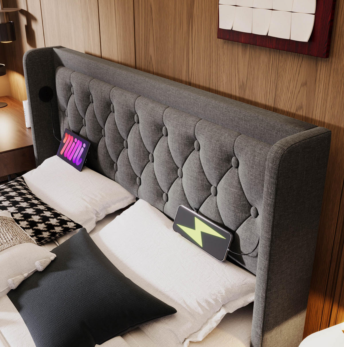 POLSTERBETT 140/200 cm Grau aus Baumwolle mit Stauraum, LED und USB- und Type-C-Anschlüssen - Grau, Textil (140/200cm) - Flora Grace