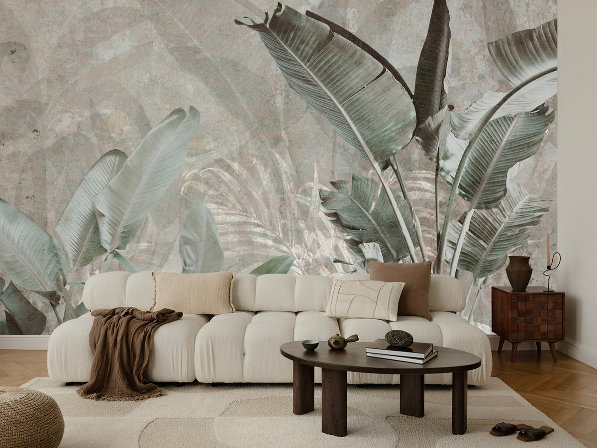 FOTOTAPETE für Büro Beton Bananenblätter Abstrakt Pflanzen Vintage 350x256 - Beige/Braun, Papier (350/256cm) - Muralo