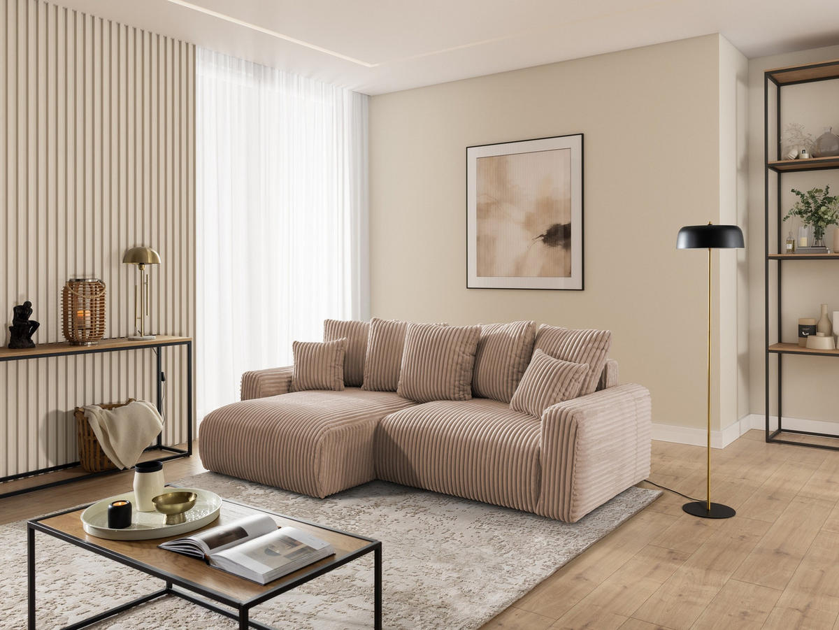 ECKSOFA Calma mit Schlaffunktion und Bettkasten im Bumpy-Design aus weichem Beige Plüschcord - Ottomane links - Beige/Schwarz, Holz/Kunststoff (239/140cm) - S-Style