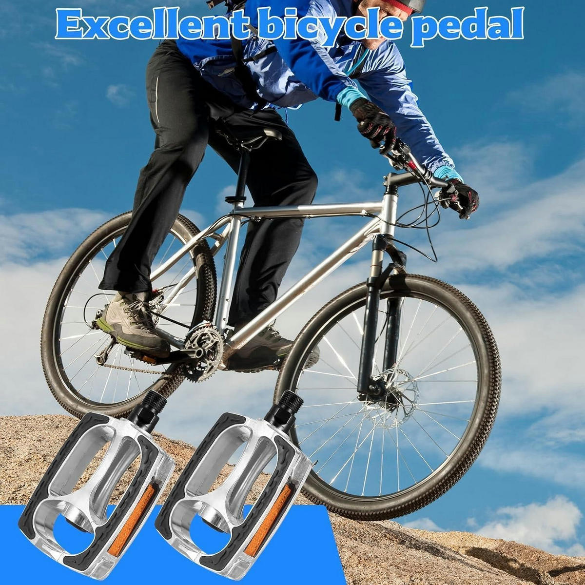 FAHRRADPEDALE 2-teiliges Set mit Reflektoren rutschfest Aluminium 9/16 Zoll - Silberfarben, Metall (6.8/2.5/9.5cm)