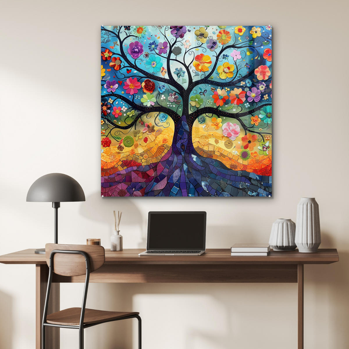 ACRYLGLASBILD Kunst - Baum des Lebens - Blumen - Hippie 90x90 cm - Dunkelblau, Glas (90/90cm) - MuchoWow