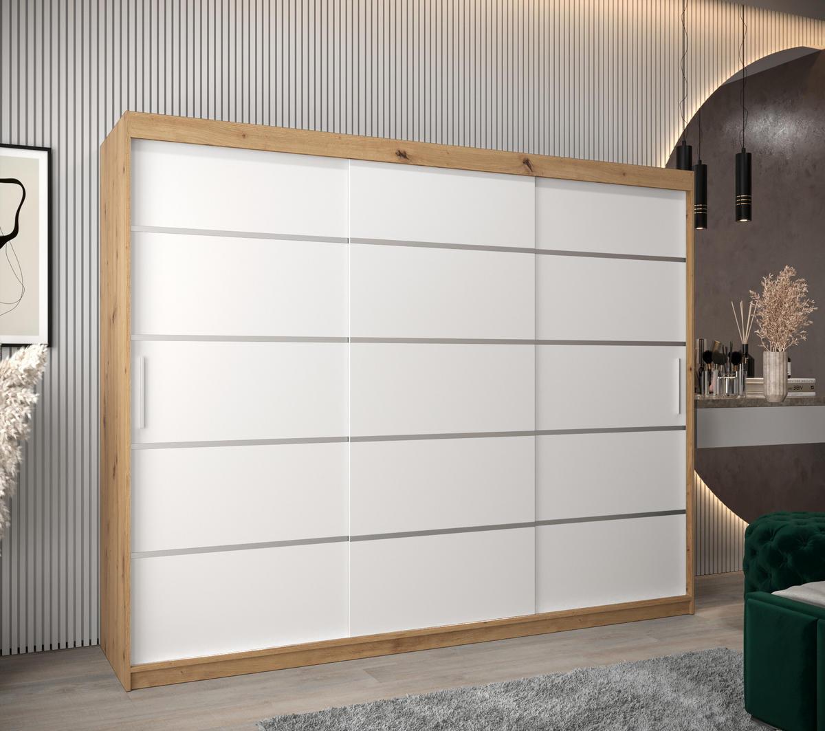 SCHWEBETÜRENSCHRANK 200/250/62 3-türig - Silberfarben/Weiß, Holz/Kunststoff (250/200/62cm) - Abiks Möbel