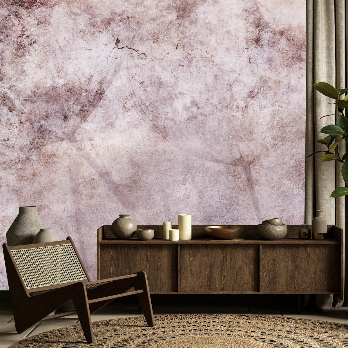 FOTOTAPETE Abstraktion Löwenzahn Blätter Retro Natur Beton 200x140 - Violett/Rosa, Papier (200/140cm) - Muralo