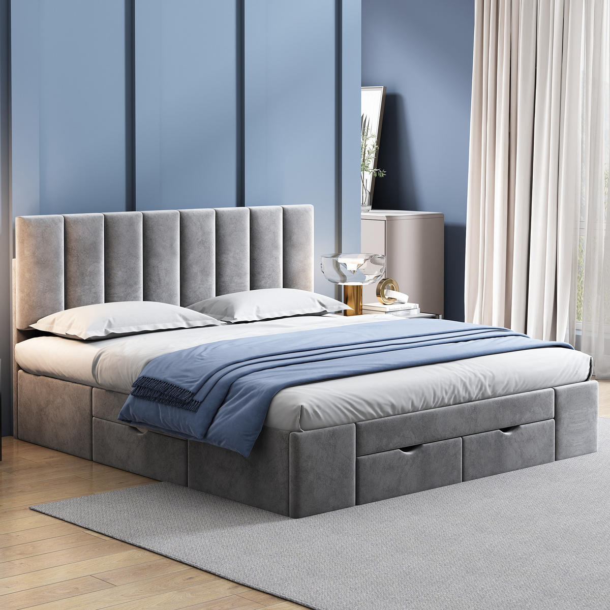 POLSTERBETT 160/200 cm grau aus Samt mit Lattenrost 4 Schubladen - Grau, Textil (160/200cm) - OKWISH