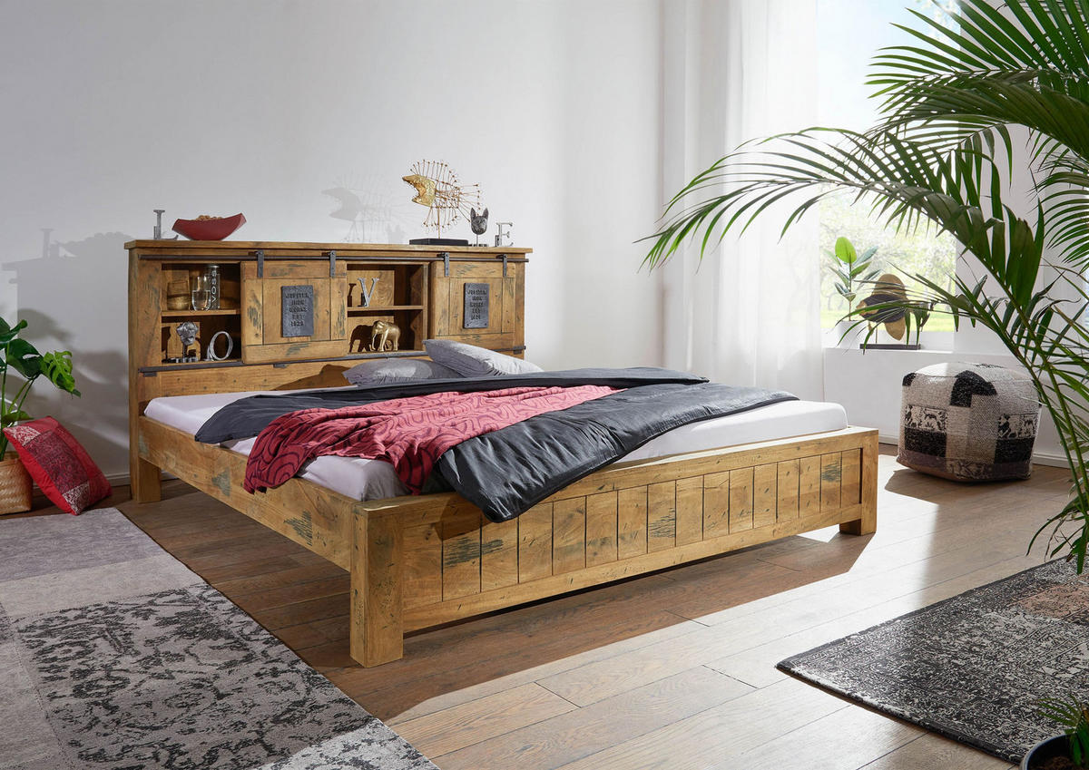 BETT Mango 180x200x105 natur lackiert RAILWAY #143 - Braun, Holz (180/200cm) - Massivmoebel24