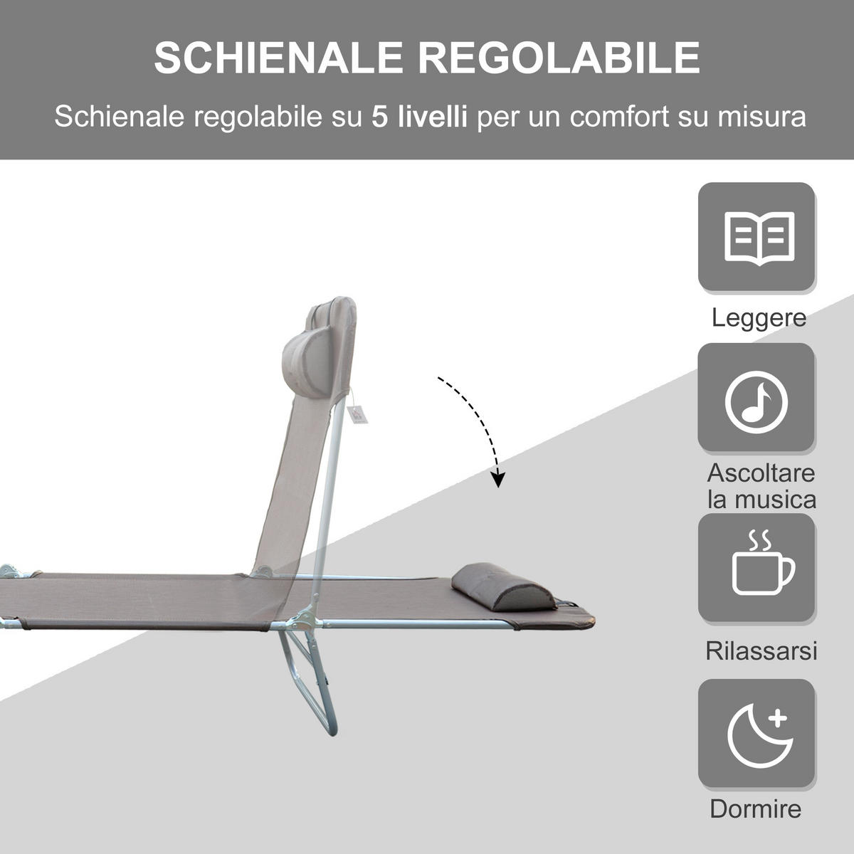 SONNENLIEGE klappbar verstellbar Liegestuhl Kopfkissen 5-Fach 120kg,182*56*28 cm Braun - Braun, Metall (56/28/182cm) - Vallsero