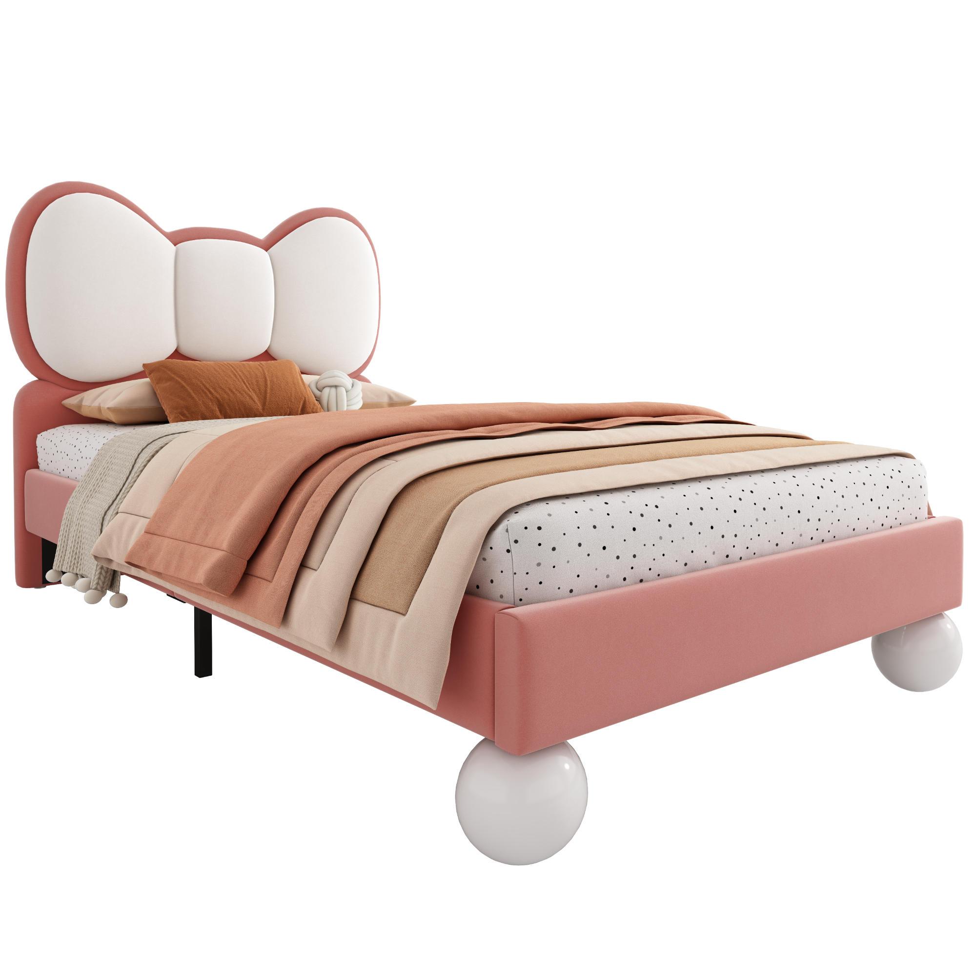 KINDERBETT 90/200 cm in Rosa & Beige mit LED und Fliegeförmigem Kopfteil Samt - Beige/Rosa, Holzwerkstoff/Textil (90/200cm) - CHICFURN